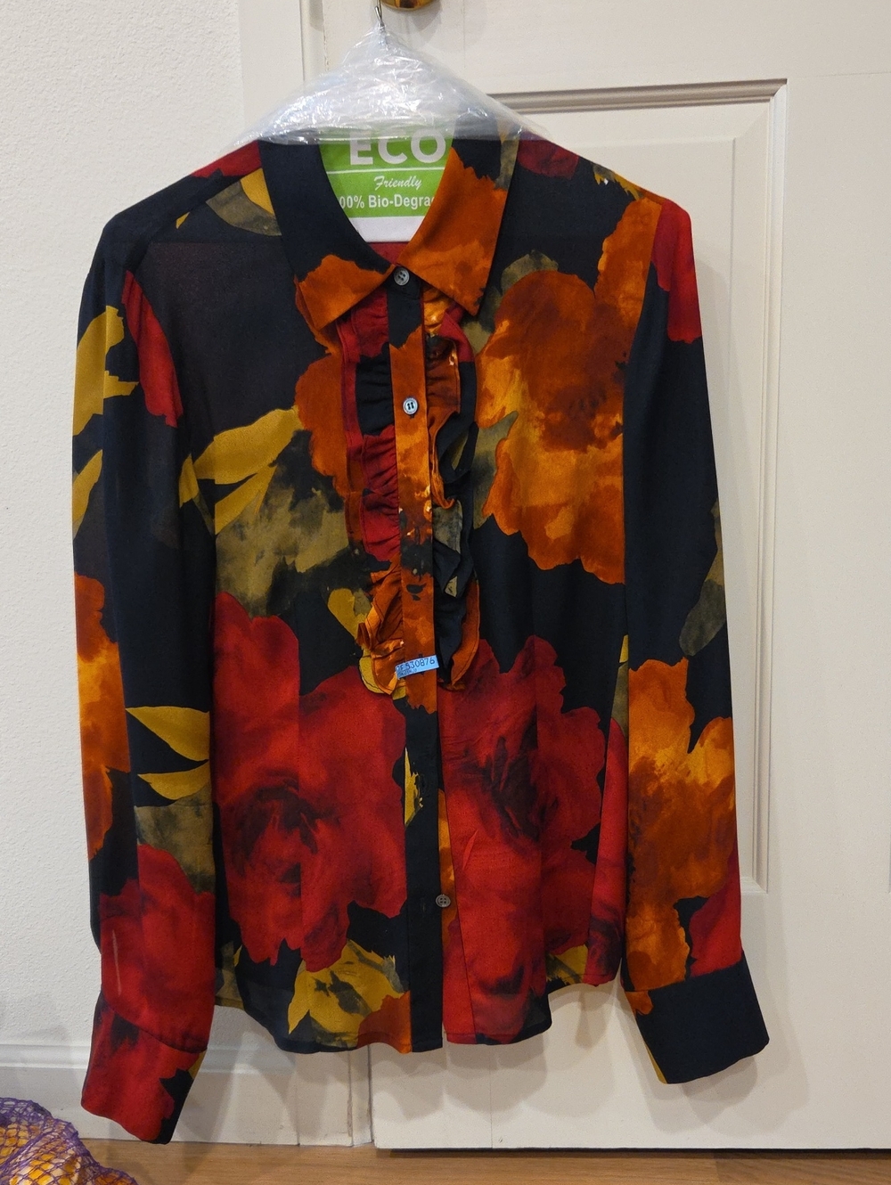 Liz Claiborne Black Blouse with Red, Orange & Gold Floral Print